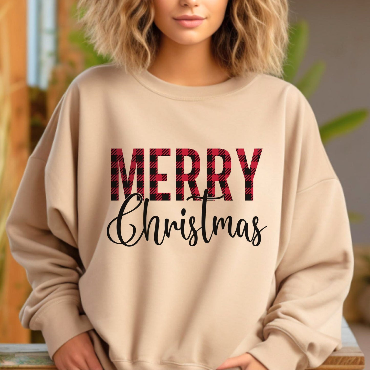 Merry Christmas Sweatshirt, Plaid Pattern Holidays Gift Sweatshirt, Santa Shirt, Unisex Heavy Blend Sweatshirt, Gift for Her, Gift for Him