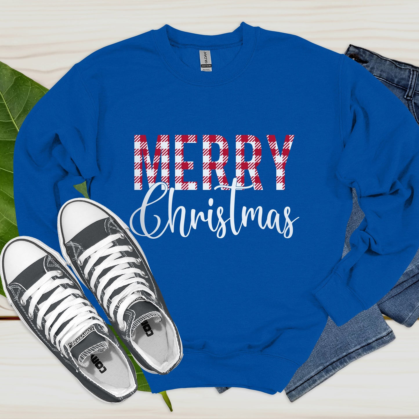 Merry Christmas Sweatshirt, Plaid Pattern Holidays Gift Sweatshirt, Santa Shirt, Unisex Heavy Blend Sweatshirt, Gift for Her, Gift for Him