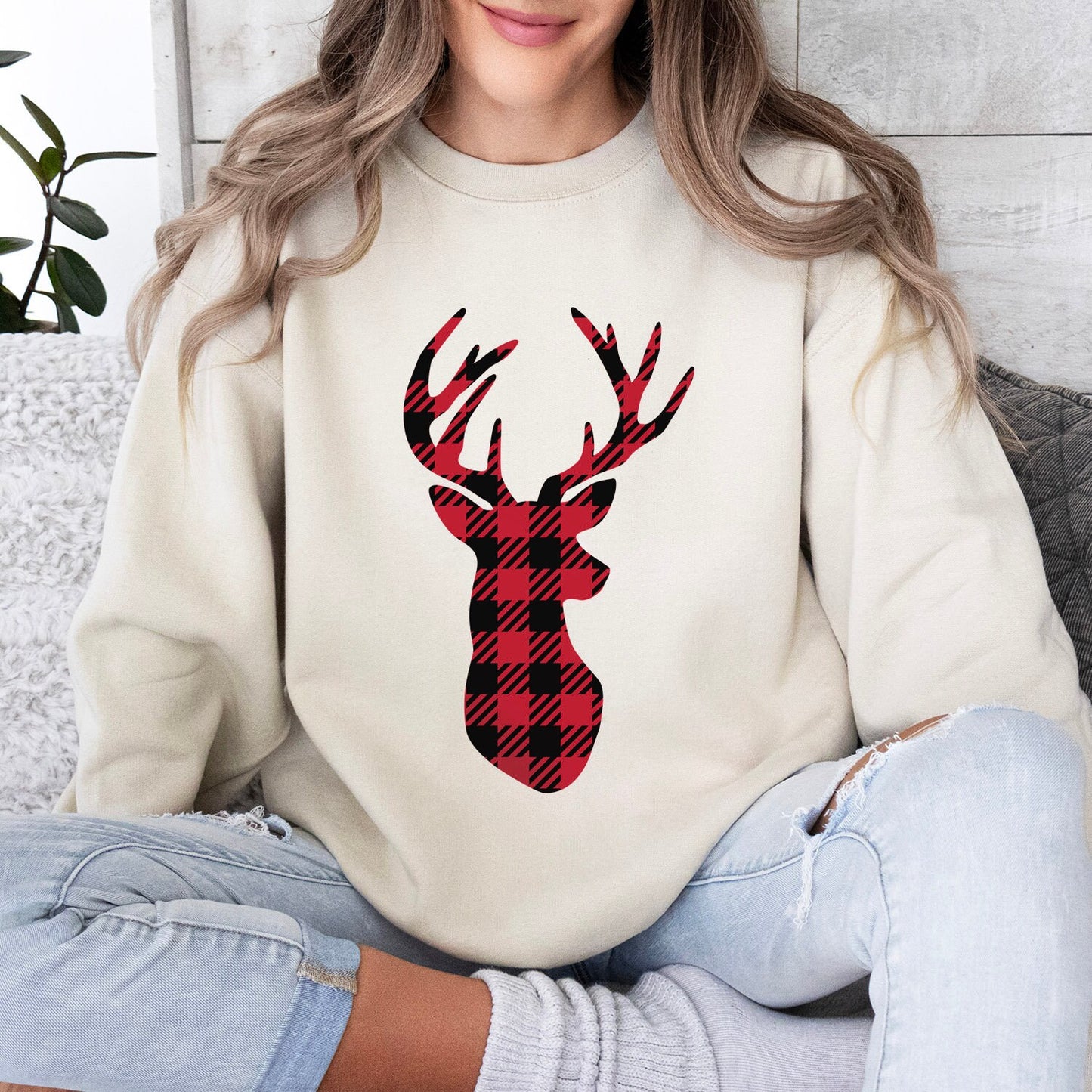 Christmas Plaid Pattern Reindeer Sweatshirt, Holidays Gift Sweatshirt, Buffalo Plaid Pattern Sweatshirt, Reindeer Sweatshirt, Gift for Her