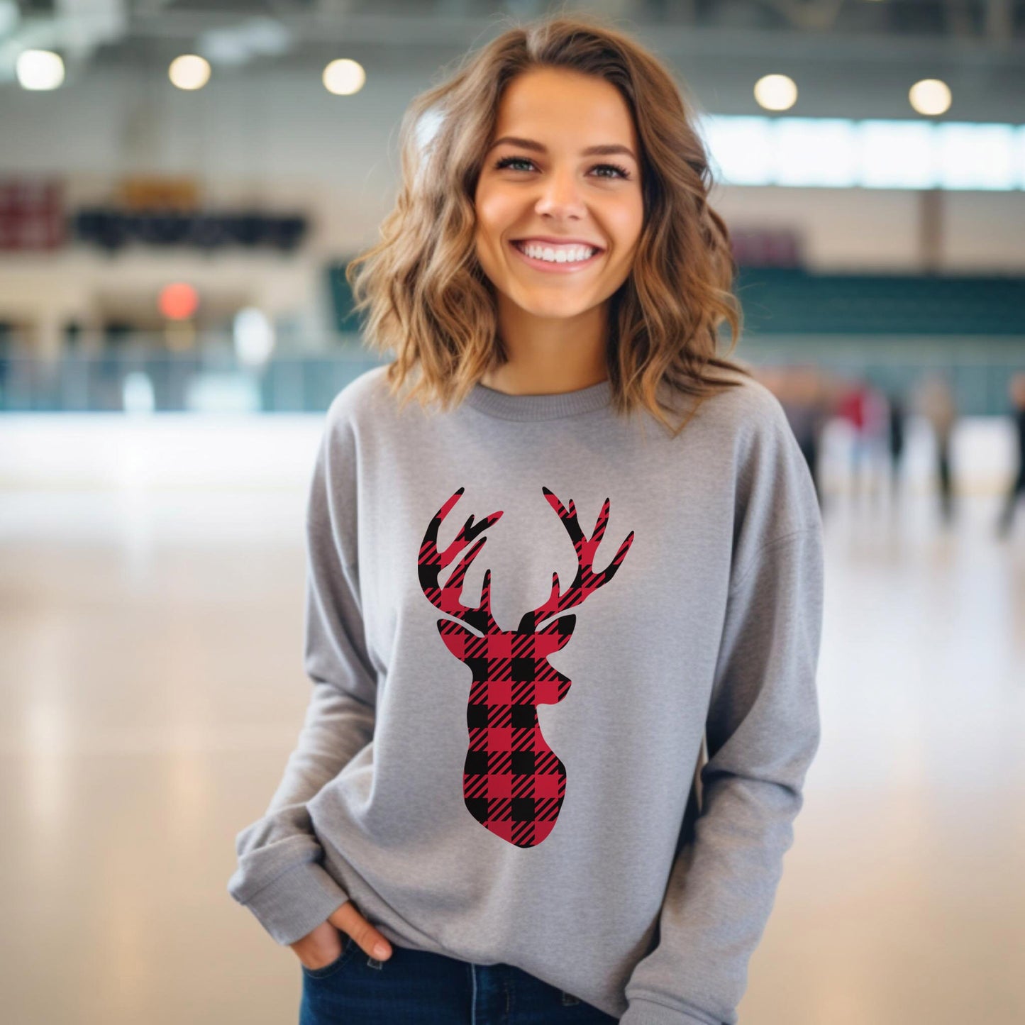 Christmas Plaid Pattern Reindeer Sweatshirt, Holidays Gift Sweatshirt, Buffalo Plaid Pattern Sweatshirt, Reindeer Sweatshirt, Gift for Her