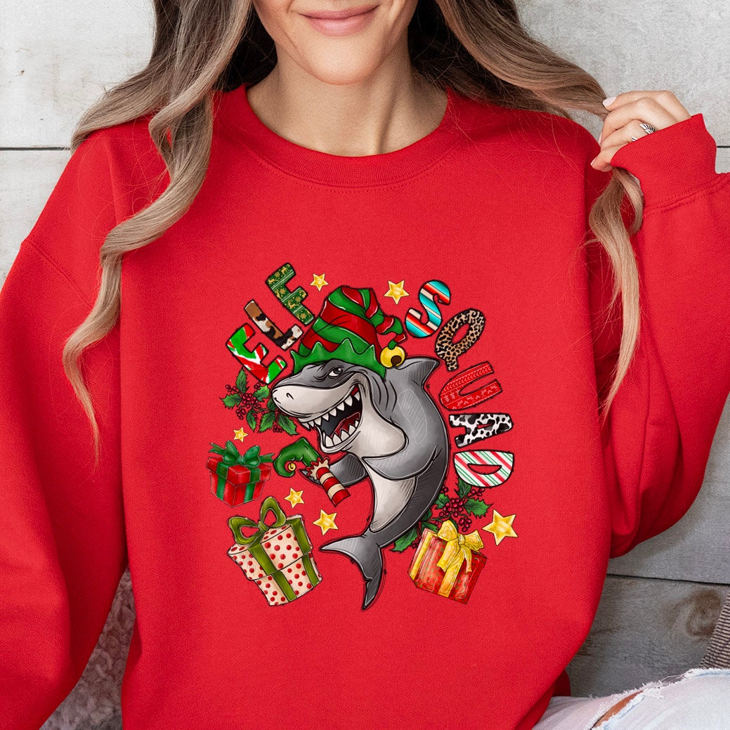 Sweat-shirt drôle de Noël Elf Squad, t-shirt drôle de requin, sweat-shirt cadeau de vacances, sweat-shirt cadeau unisexe de Noël, cadeau pour elle, cadeau pour lui