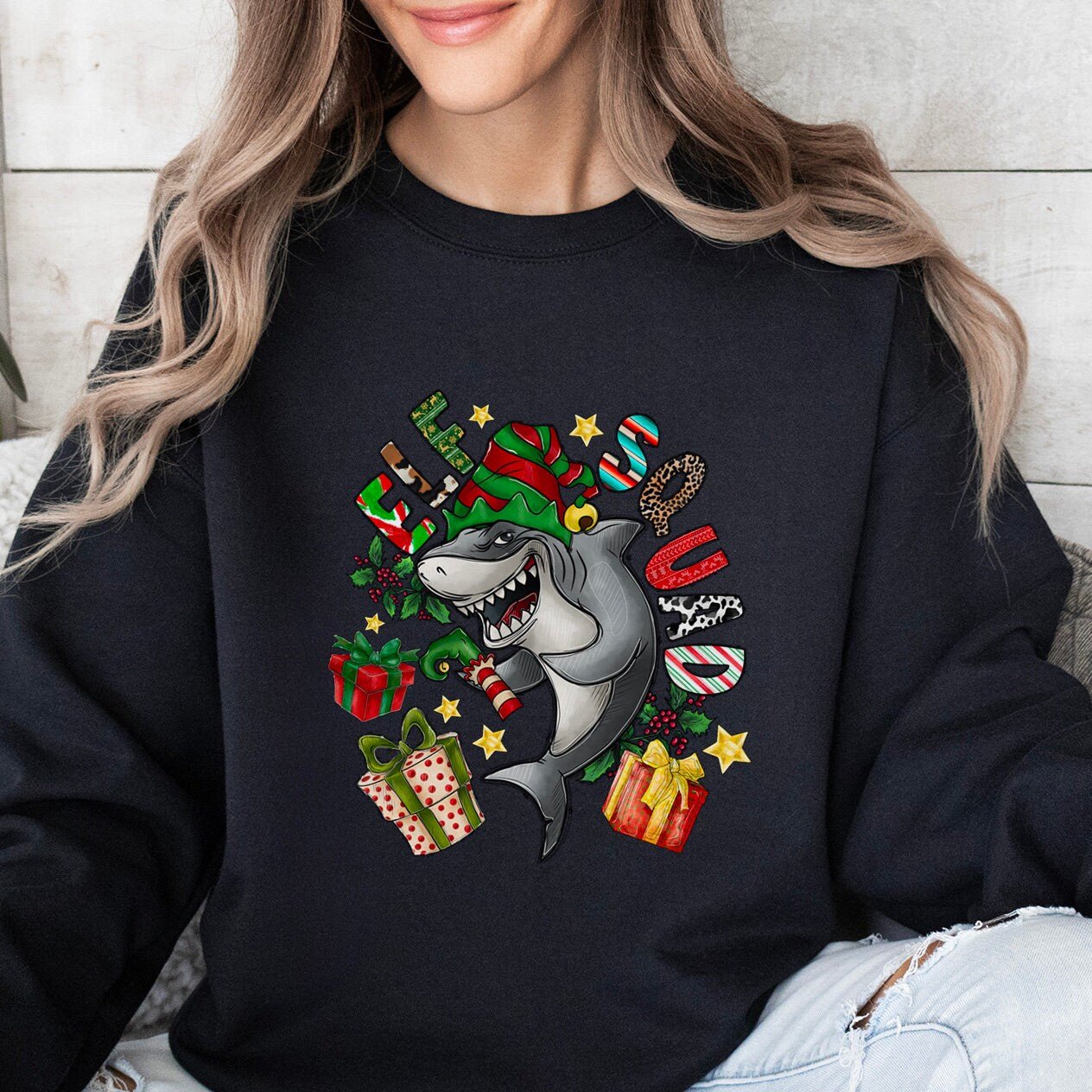 Sweat-shirt drôle de Noël Elf Squad, t-shirt drôle de requin, sweat-shirt cadeau de vacances, sweat-shirt cadeau unisexe de Noël, cadeau pour elle, cadeau pour lui