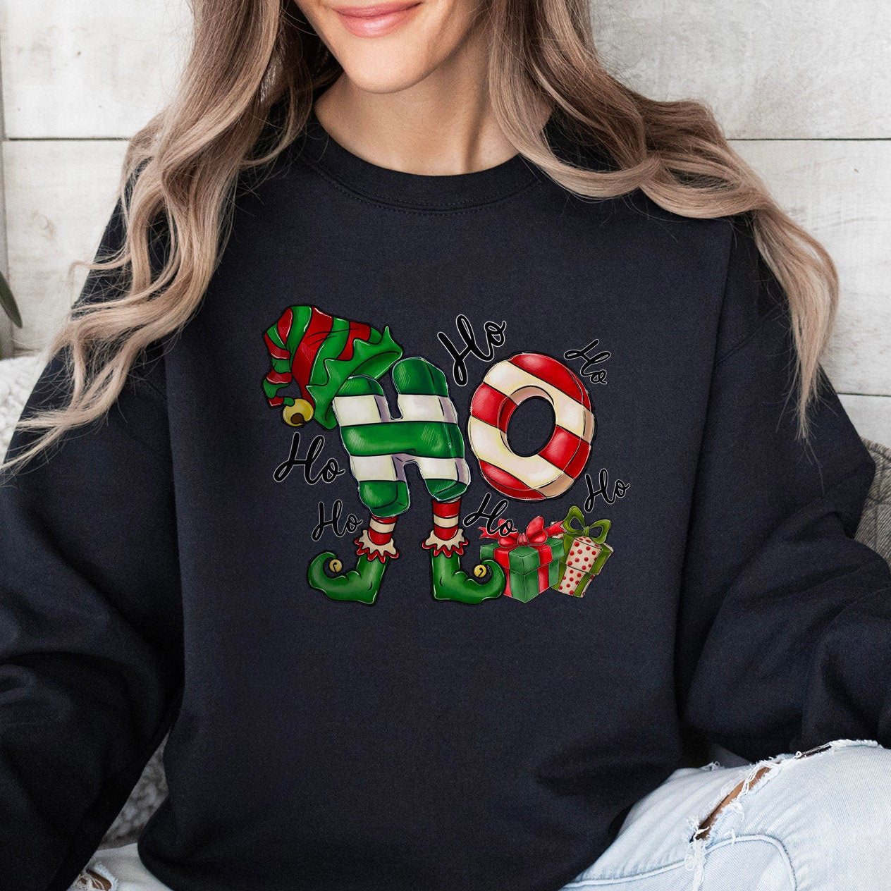 Ho Ho Ho Elf Christmas Sweatshirt, Christmas Santa Gift Shirt, Winter Elf Holidays Xmas Unisex Gift Sweatshirt, Gift for Her, Gift for Him