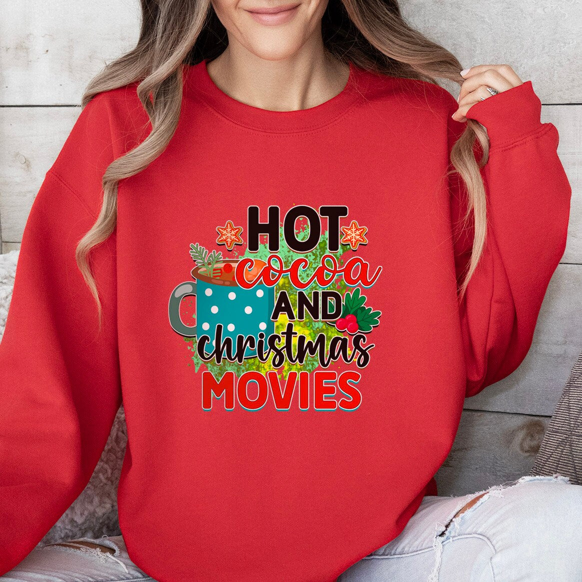 Hot Cocoa and Christmas Movies Long Sleeves Sweatshirt, Funny Coffee Shirt, Holidays Winter Xmas Gift Sweatshirt, Winter Unisex Sweatshirt