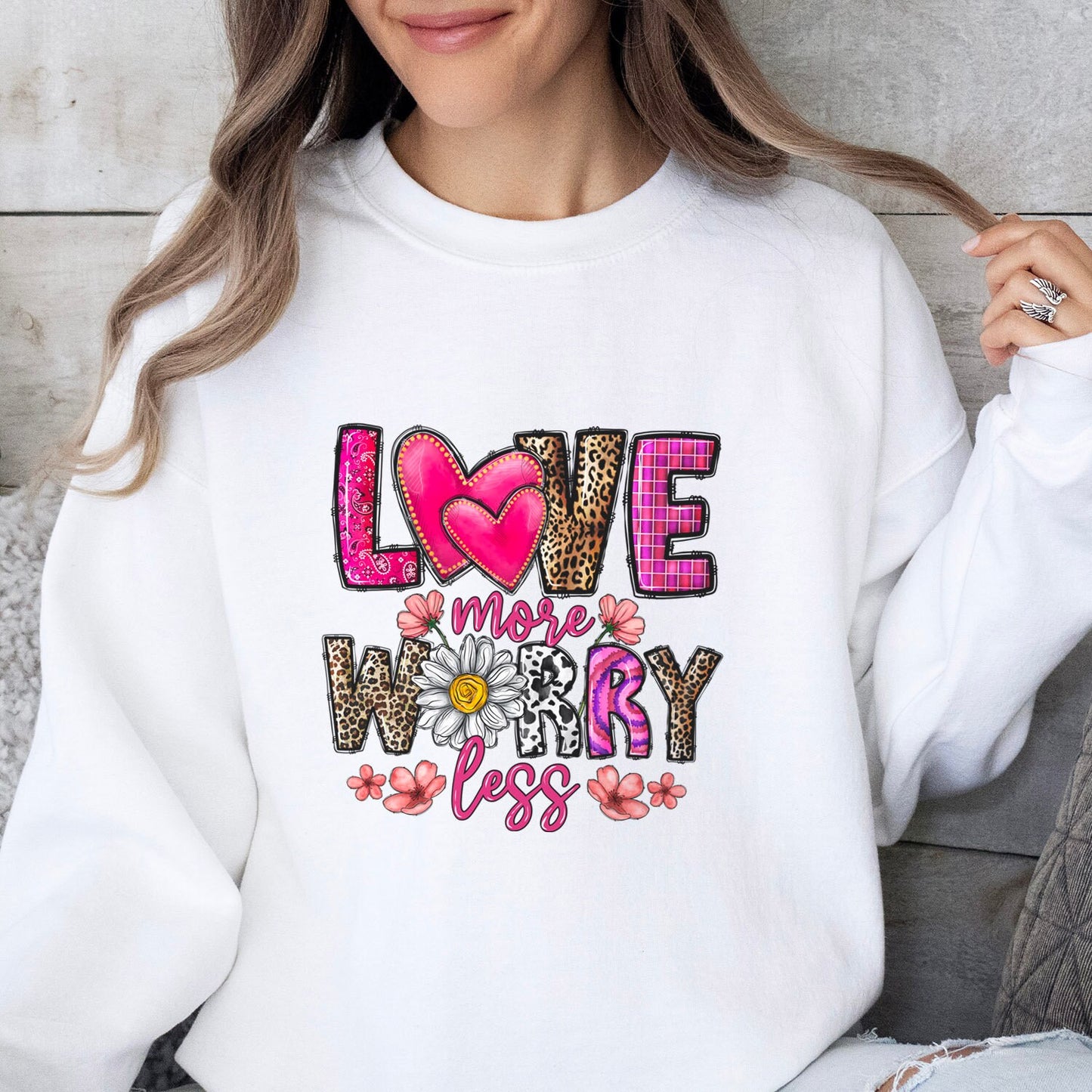 Love More Worry Less Valentine's Day Sweatshirt, Valentines Day Long Sleeves Love Shirt, Shirt with Heart for Valentines Day Gift for Her