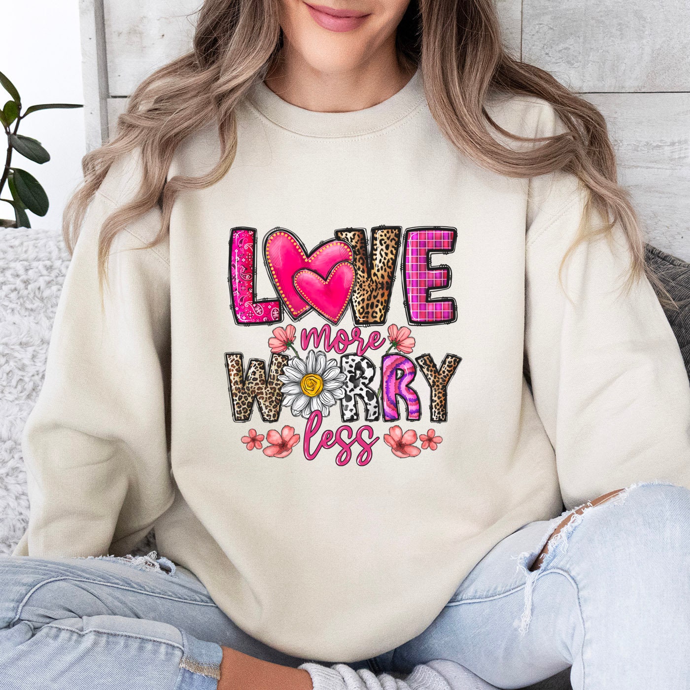 Love More Worry Less Valentine's Day Sweatshirt, Valentines Day Long Sleeves Love Shirt, Shirt with Heart for Valentines Day Gift for Her