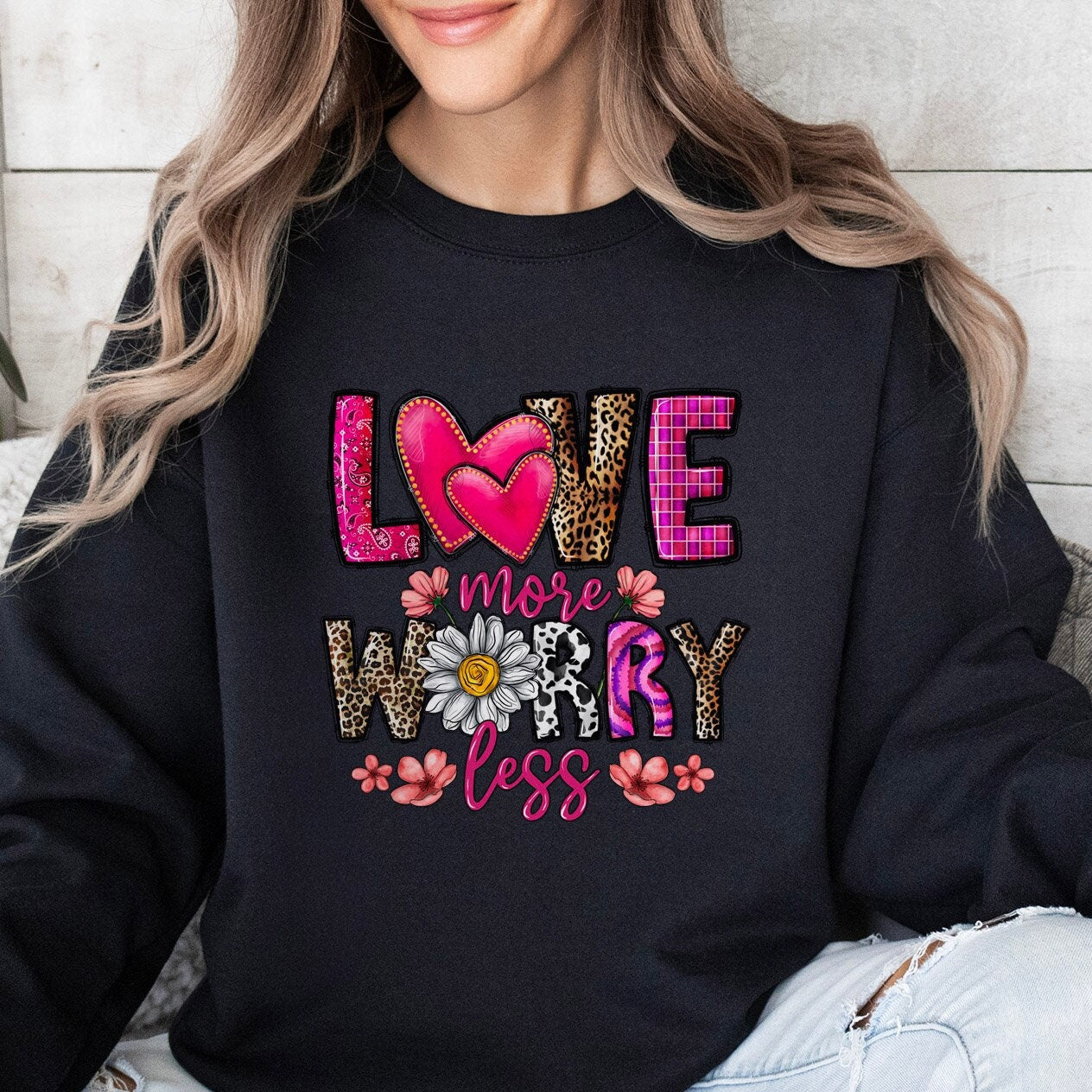 Love More Worry Less Valentine's Day Sweatshirt, Valentines Day Long Sleeves Love Shirt, Shirt with Heart for Valentines Day Gift for Her