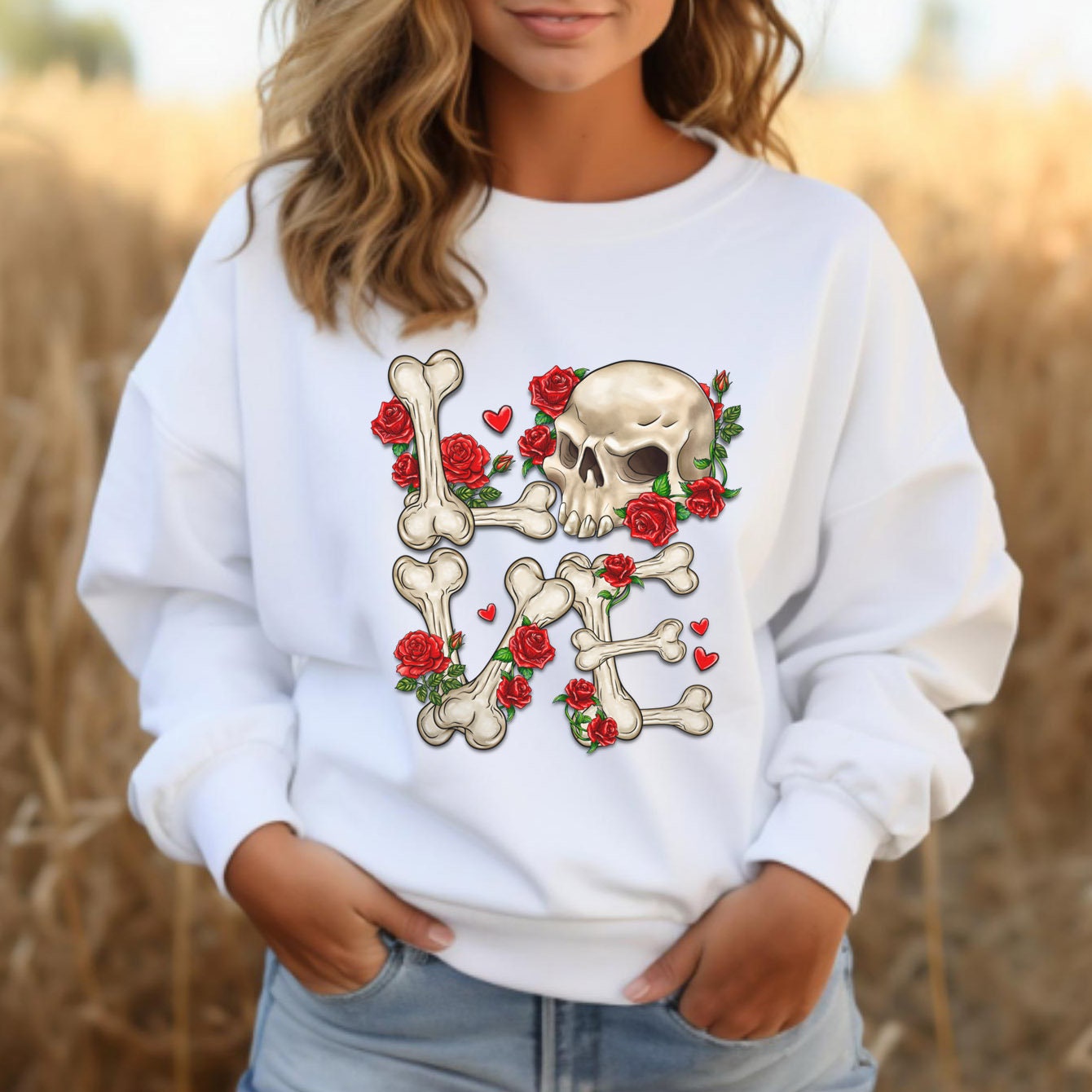 Sweat-shirt squelette d'amour pour la Saint-Valentin, chemise squelette à manches longues pour la Saint-Valentin, chemise cadeau pour la Saint-Valentin, chemise tête de mort et fleurs