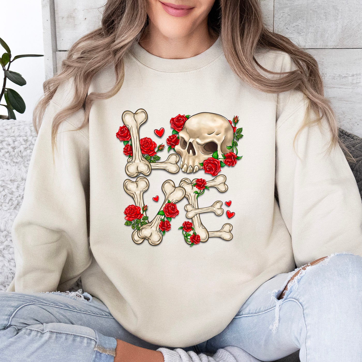 Sweat-shirt squelette d'amour pour la Saint-Valentin, chemise squelette à manches longues pour la Saint-Valentin, chemise cadeau pour la Saint-Valentin, chemise tête de mort et fleurs