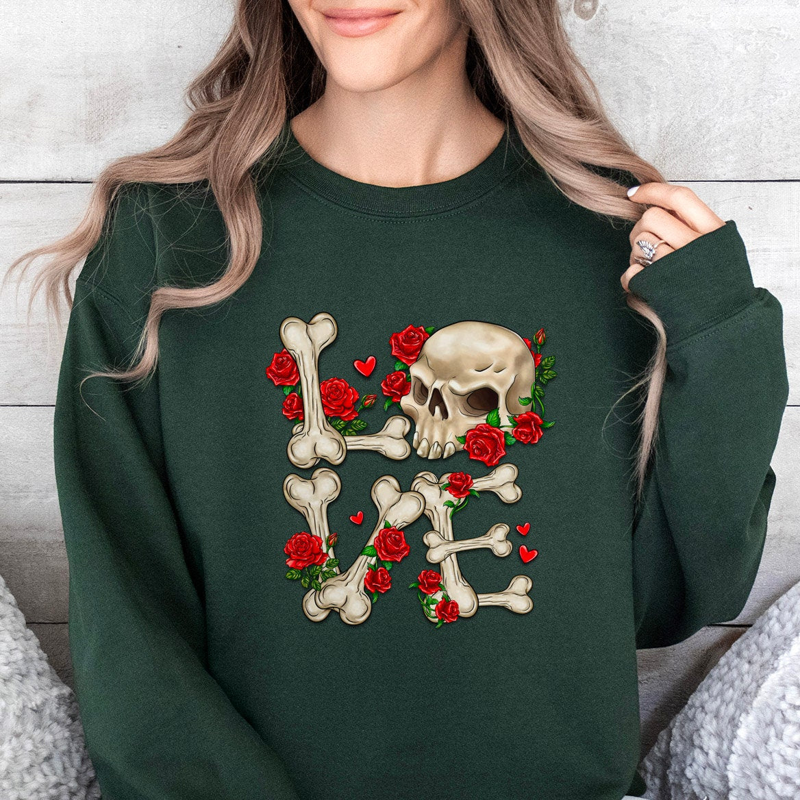 Sweat-shirt squelette d'amour pour la Saint-Valentin, chemise squelette à manches longues pour la Saint-Valentin, chemise cadeau pour la Saint-Valentin, chemise tête de mort et fleurs