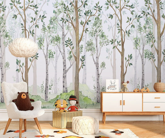 Watercolor Forest Trees Wallpaper for Children, Forest Trees Mural for Kids Room, Woodland Mural, Peel and Stick Wallpaper, Fabric Mural