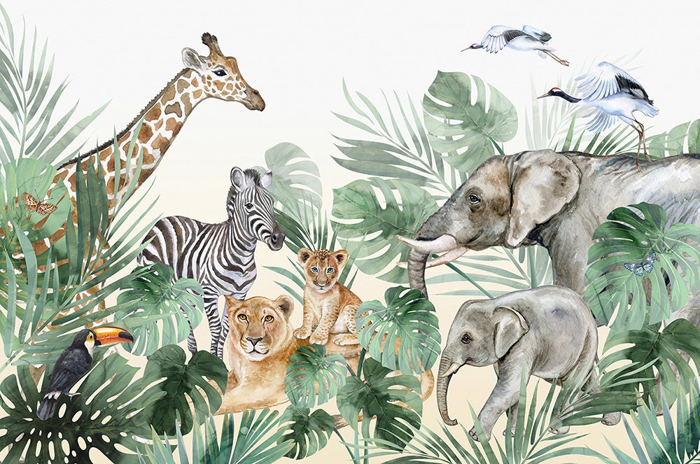 Watercolor Safari Wallpaper for Children, Safari Animals Mural for Kids Room, Jungle Animals Mural, Peel and Stick Wallpaper, Fabric Mural