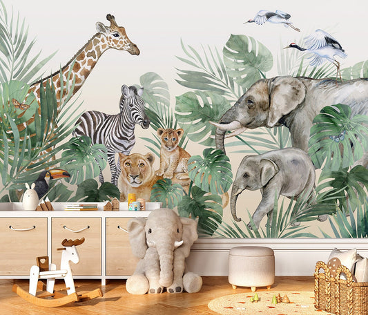 Watercolor Safari Wallpaper for Children, Safari Animals Mural for Kids Room, Jungle Animals Mural, Peel and Stick Wallpaper, Fabric Mural