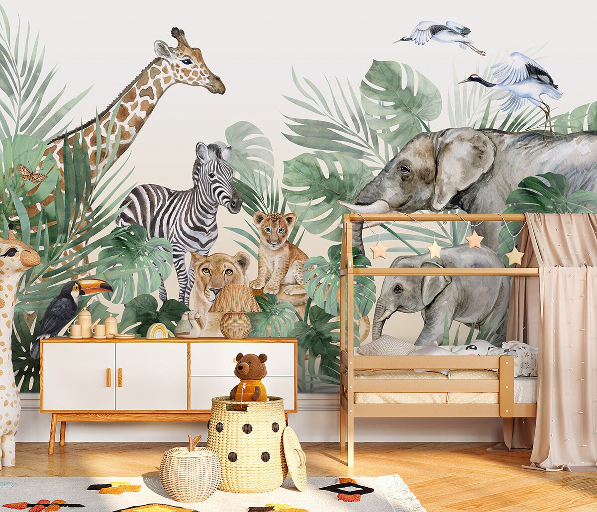 Papier peint aquarelle Safari pour enfants, peinture murale d'animaux de safari pour chambre d'enfants, peinture murale d'animaux de la jungle, papier peint à décoller et à coller, peinture murale en tissu