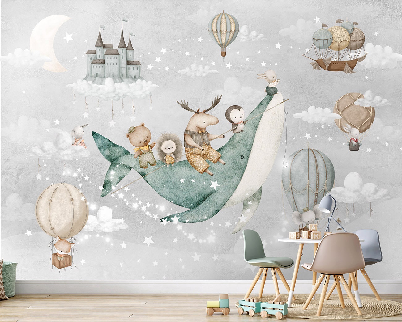 Watercolor Air Balloons Mural for Kids Room, Whale and Animals Wallpaper for Children, Moon and Stars Peel and Stick Wallpaper, Fabric Mural