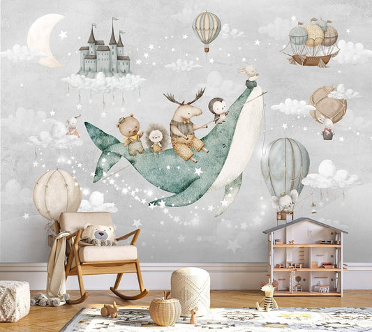 Watercolor Air Balloons Mural for Kids Room, Whale and Animals Wallpaper for Children, Moon and Stars Peel and Stick Wallpaper, Fabric Mural