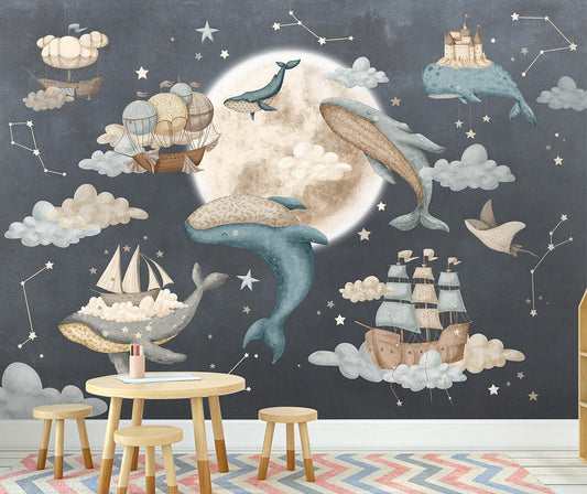 Whales Mural for Kids Room, Nautical Sailing Ships Wallpaper for Children, Moon and Stars Peel and Stick Wallpaper, Night Sky Fabric Mural