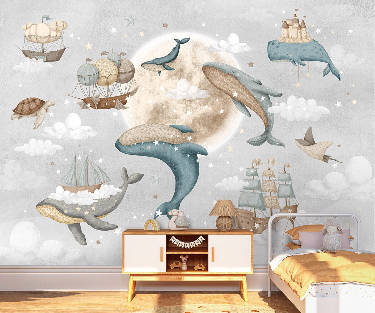 Whales Wallpaper for Kids Room, Sailing Ships with Whales Wallpaper, Moon Stars Night Peel and Stick Wallpaper, Nautical Fabric Mural