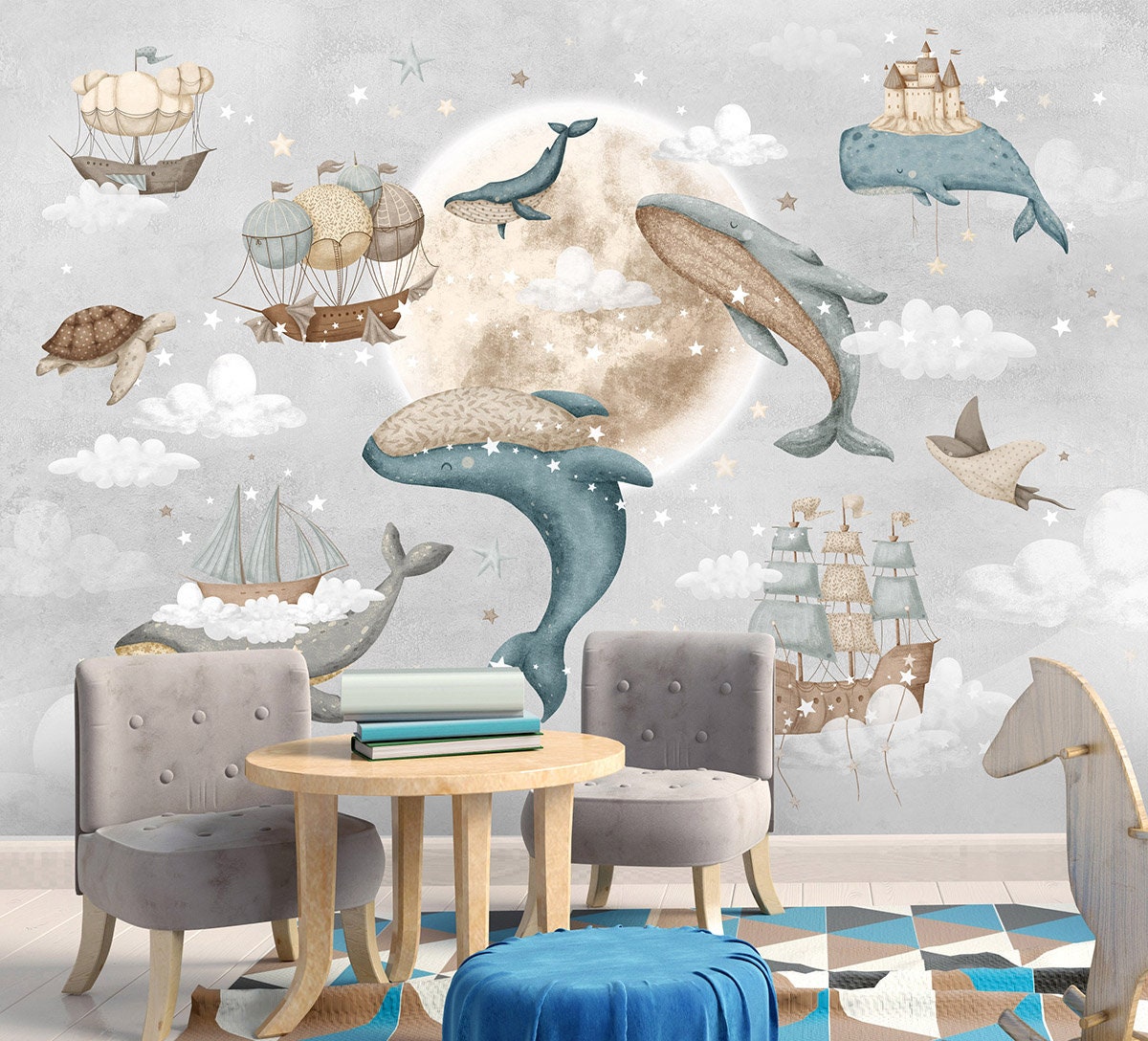 Papier peint baleines pour chambre d'enfant, papier peint voiliers avec baleines, papier peint lune étoiles nuit peler et coller, peinture murale en tissu nautique