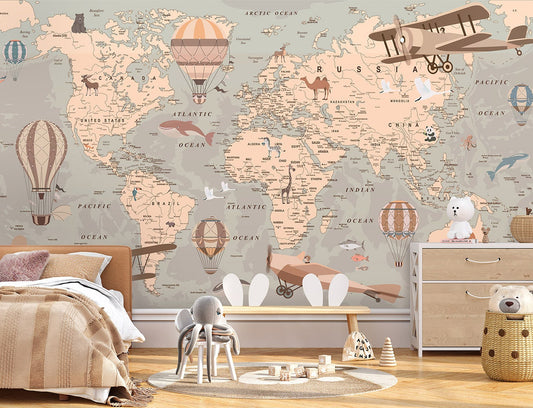 Vintage World Map Mural, Watercolor World Map Wallpaper, Word Map with Airballoons Wallpaper,  Kids Decor Mural, Fabric Peel and Stick