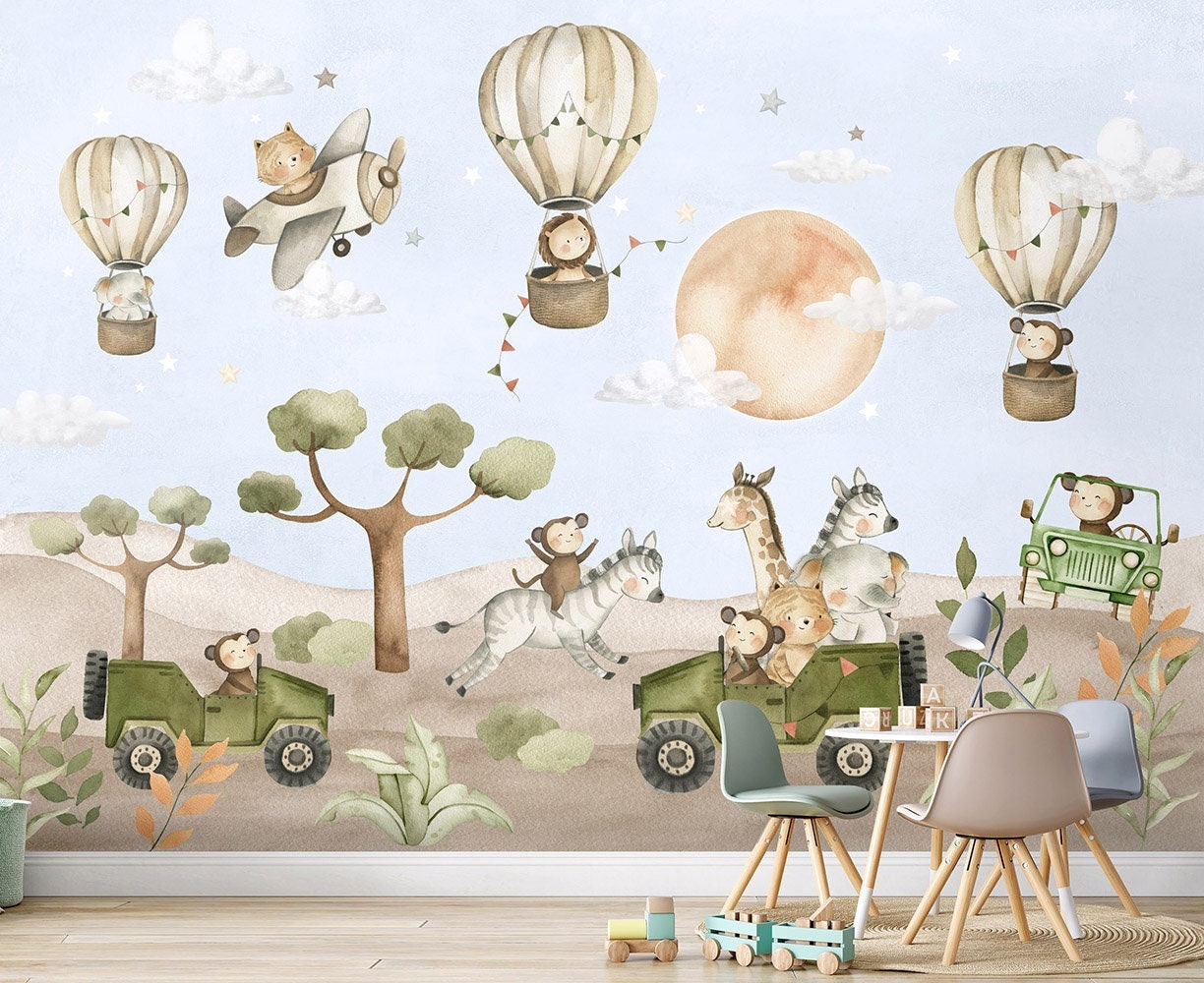 Watercolor Safari Wallpaper for Children, Safari Animals Mural for Kids Room, Jungle Animals Mural, Peel and Stick Wallpaper, Fabric Mural