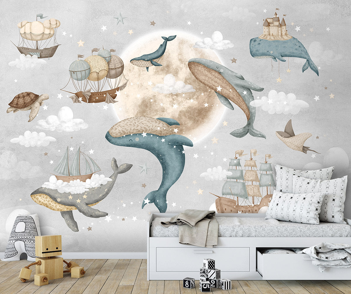 Whales Wallpaper for Kids Room, Sailing Ships with Whales Wallpaper, Moon Stars Night Peel and Stick Wallpaper, Nautical Fabric Mural