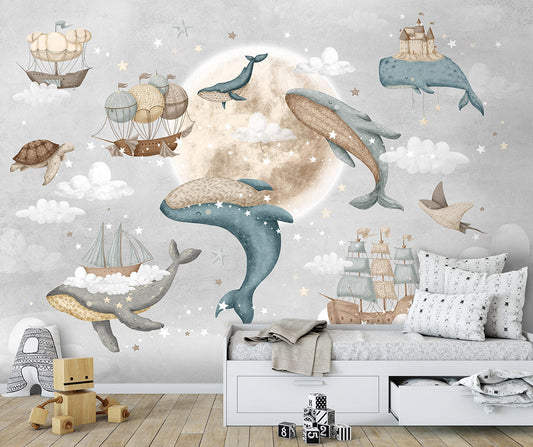 Papier peint baleines pour chambre d'enfant, papier peint voiliers avec baleines, papier peint lune étoiles nuit peler et coller, peinture murale en tissu nautique