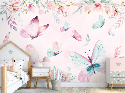 Papier peint aquarelle papillons et fleurs, peinture murale de fleurs et de papillons de jardin, peinture murale en tissu papillons pour décoration d'enfants, peler et coller