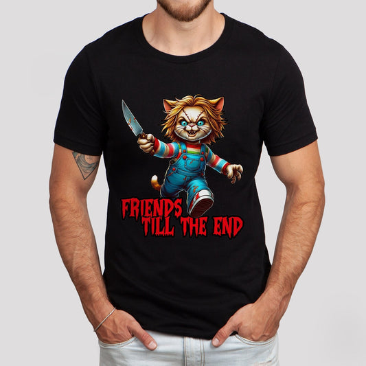 T-shirt Chuck Cat Friends Till the End, T-shirt de chat d'horreur, T-shirt amusant pour amoureux des chats, T-shirt de film d'horreur, T-shirt de tueur en série, T-shirt drôle