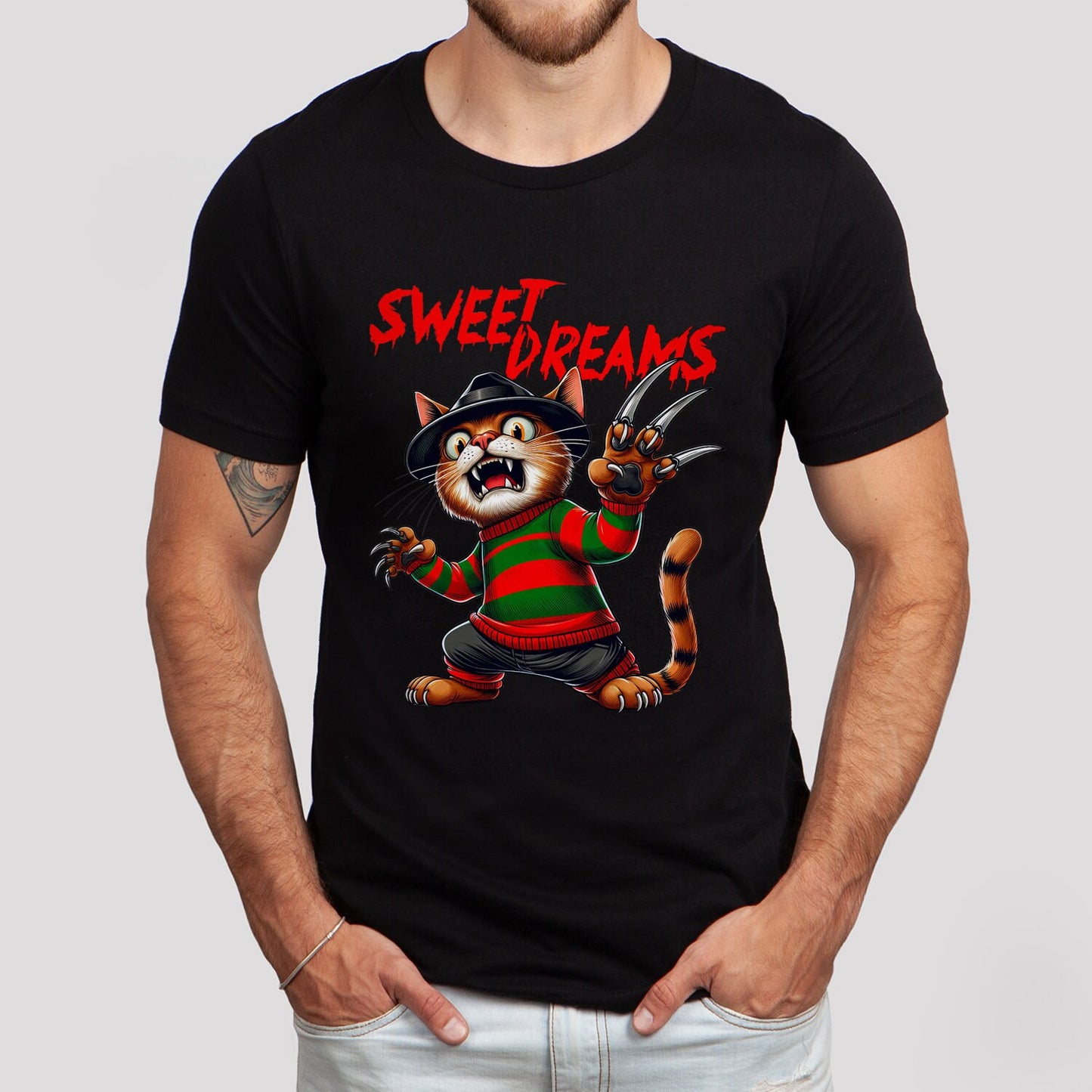 T-shirt Sweet Dreams Freddy Krueger, t-shirt humoristique pour chat, t-shirt cadeau pour amoureux des chats, t-shirt parodique de film, t-shirt de film d'horreur, t-shirt de tueur en série