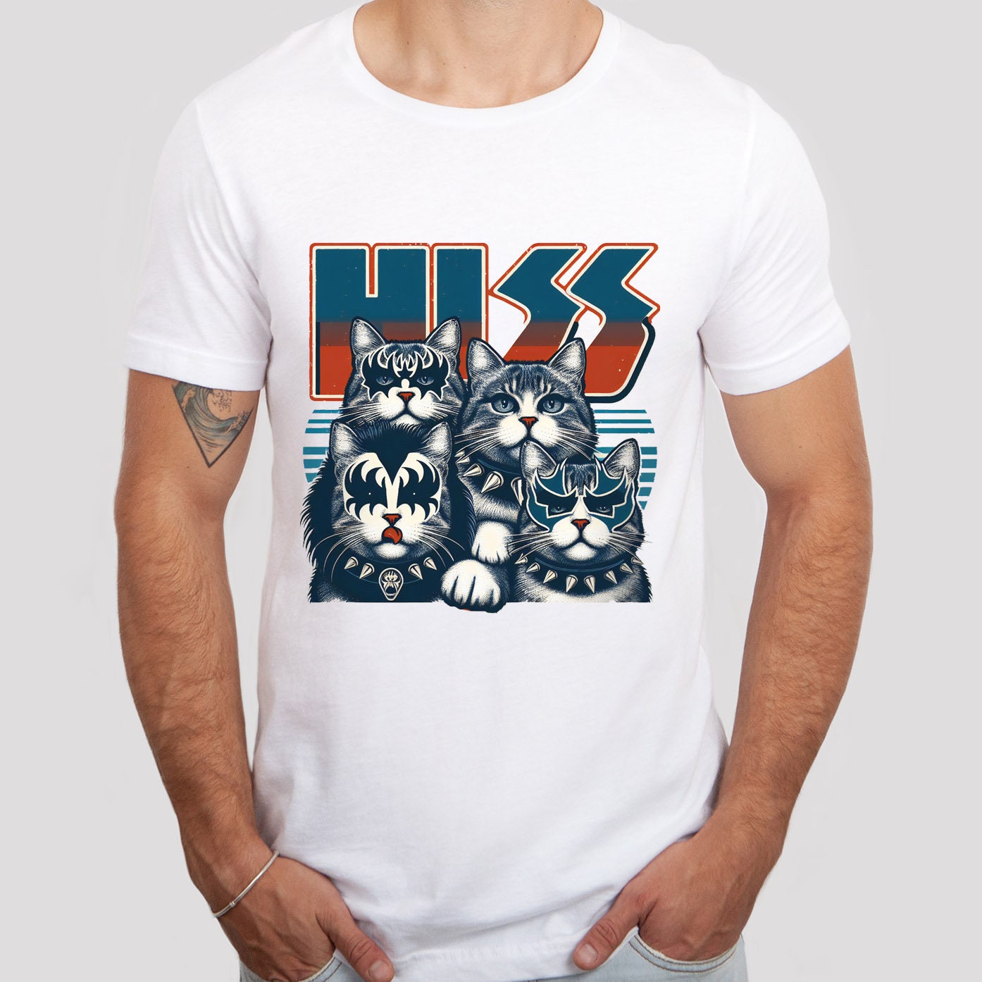 Rocker Cats Hiss T-Shirt, Cute Rocker Kittens Shirt, Rockstars Funny Kiss Parody T-Shirt, Humour Cat Tee Shirt, Cat Lovers Gift T Shirt