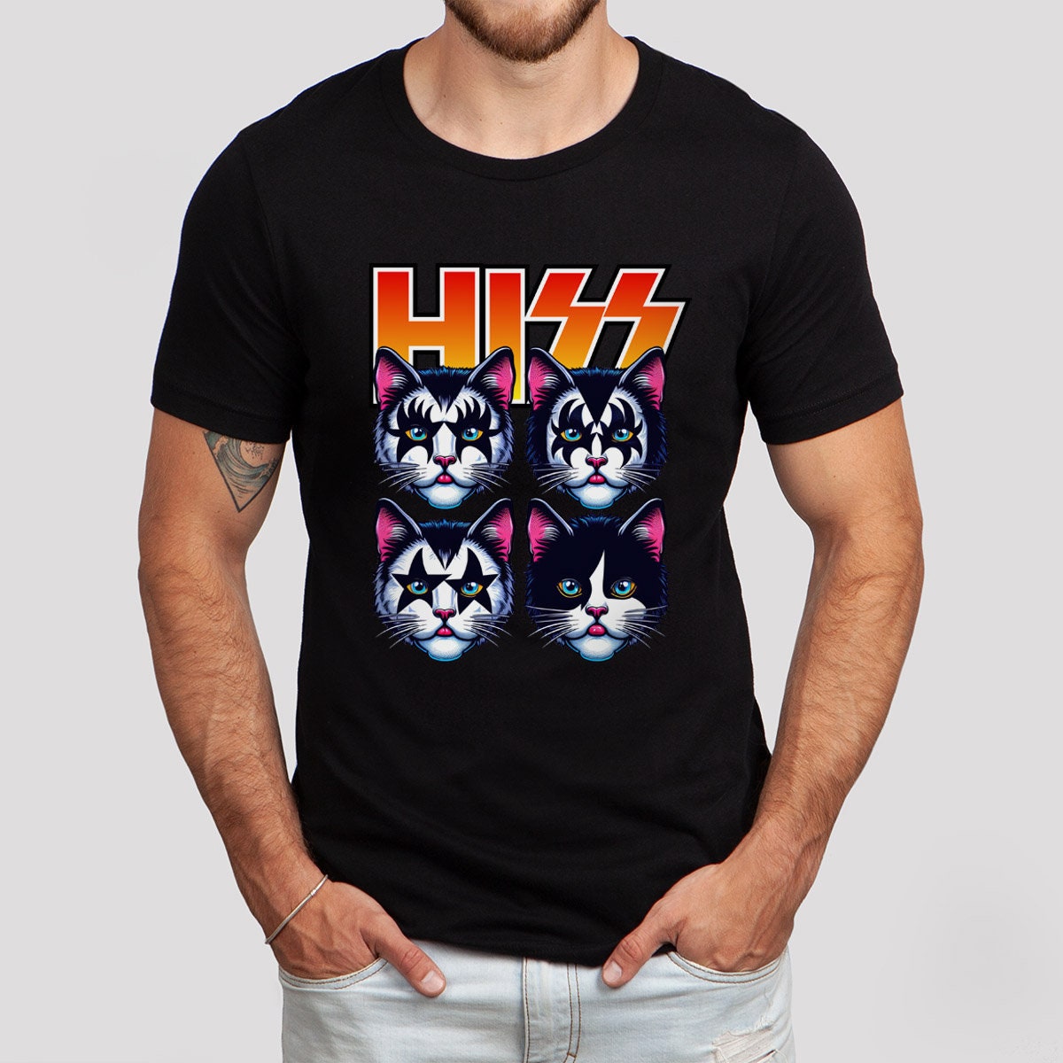 T-shirt Rocker Cats Hiss, T-shirt Rockstar Kittens, T-shirt parodique de baiser drôle, T-shirt de chat de style pop art, T-shirt cadeau amusant pour les amoureux des chats