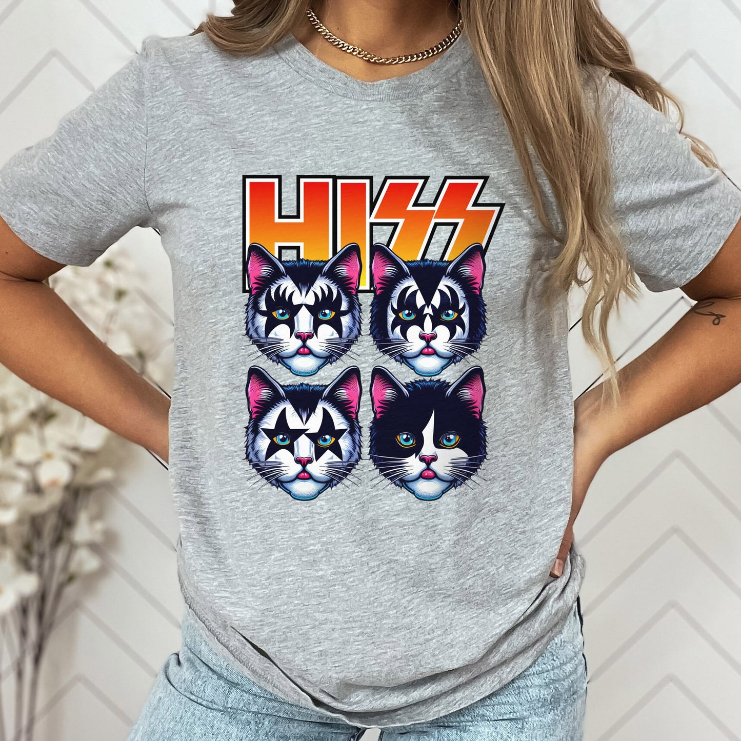 T-shirt Rocker Cats Hiss, T-shirt Rockstar Kittens, T-shirt parodique de baiser drôle, T-shirt de chat de style pop art, T-shirt cadeau amusant pour les amoureux des chats