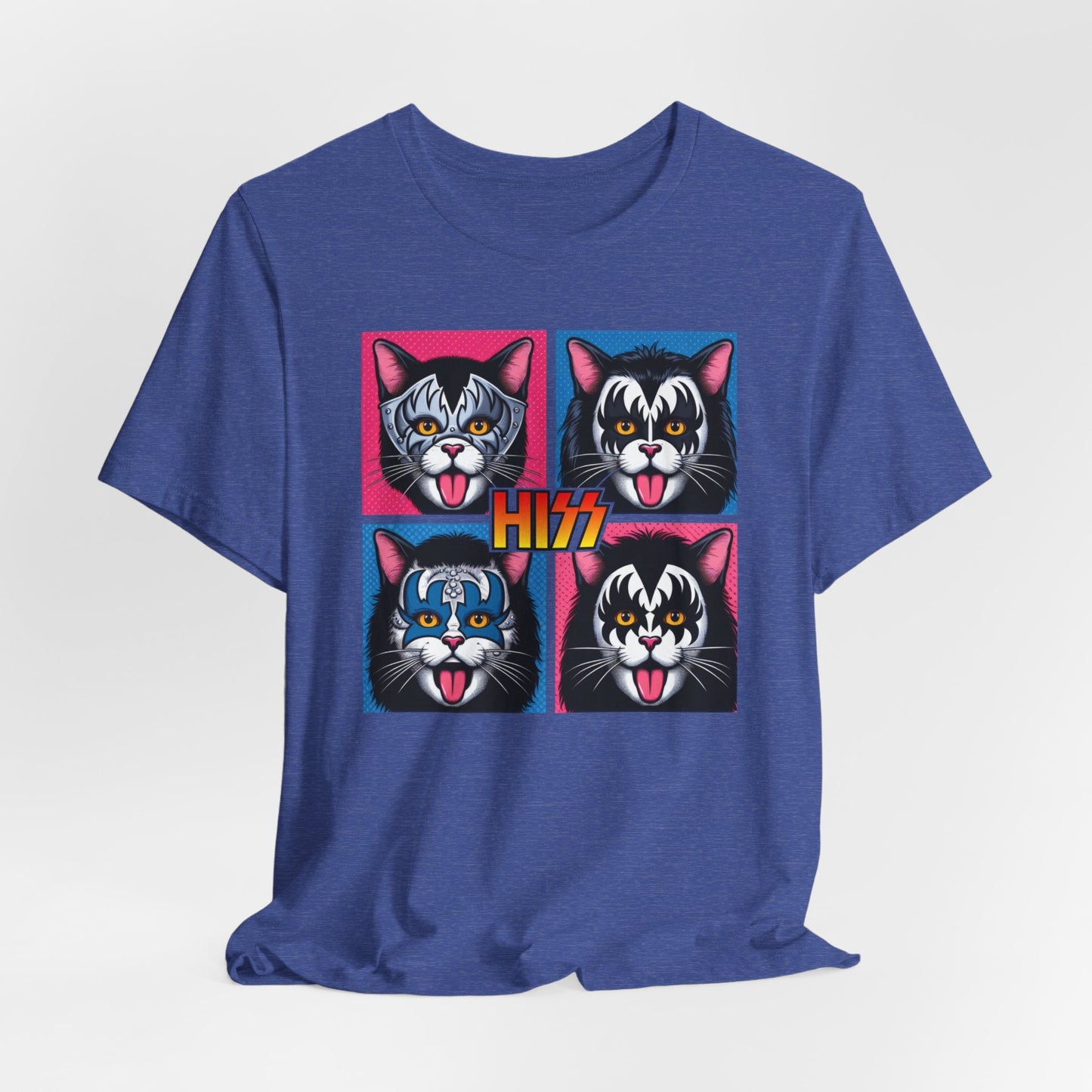 T-shirt parodique de baiser drôle, T-shirt de style pop art Hiss Rocker Kittens, T-shirt de chats rocker, T-shirt de chat humoristique, T-shirt cadeau pour les amoureux des chats