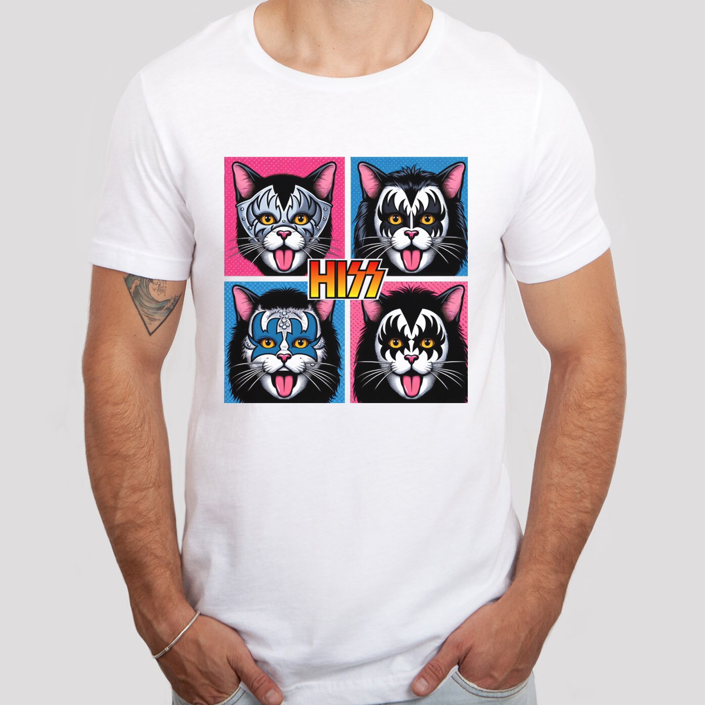 T-shirt parodique de baiser drôle, T-shirt de style pop art Hiss Rocker Kittens, T-shirt de chats rocker, T-shirt de chat humoristique, T-shirt cadeau pour les amoureux des chats