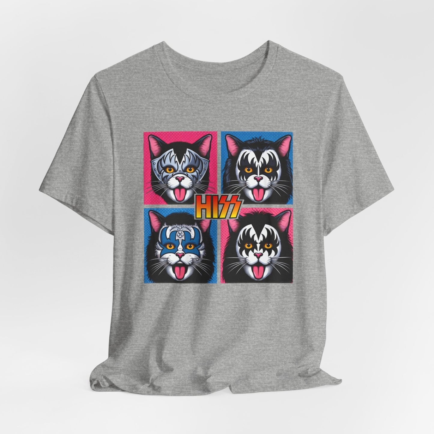 T-shirt parodique de baiser drôle, T-shirt de style pop art Hiss Rocker Kittens, T-shirt de chats rocker, T-shirt de chat humoristique, T-shirt cadeau pour les amoureux des chats