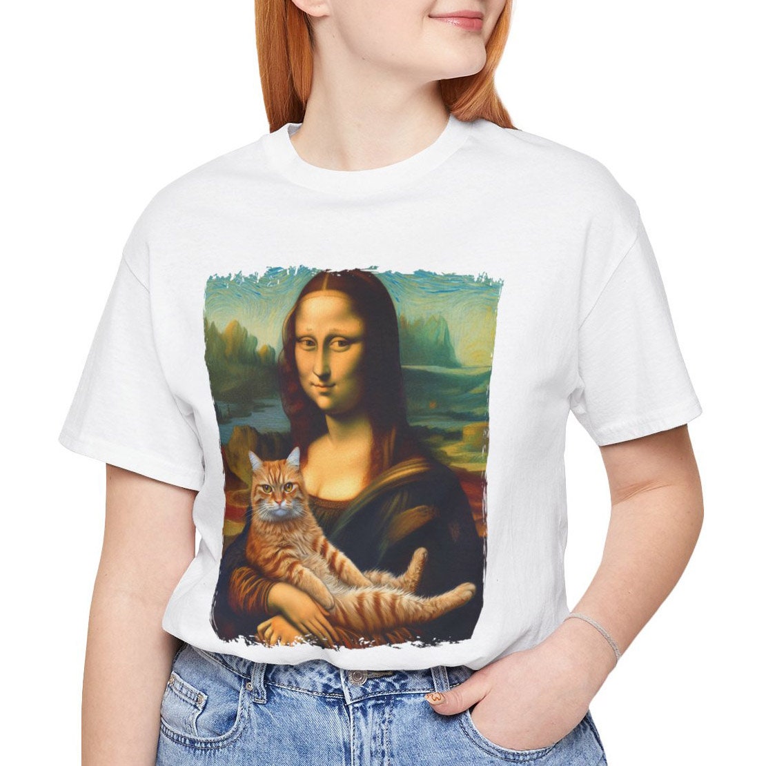 T-shirt Mona Lisa avec chat, T-shirt chat sur les mains de Lisa, T-shirt parodique Mona Lisa, T-shirt Da Vinci peignant avec chat, T-shirt cadeau pour professeur d'art