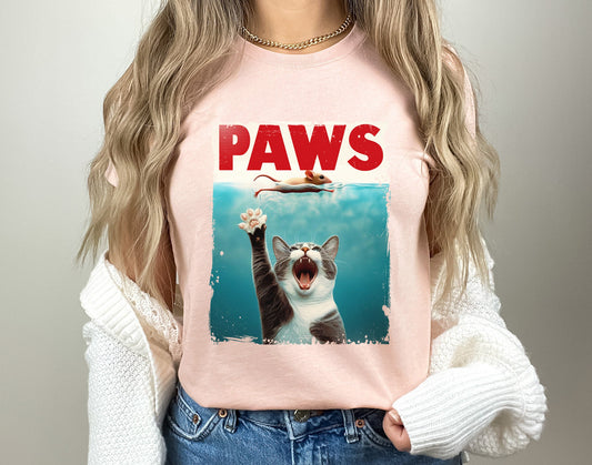 T-shirt drôle de chat avec pattes, t-shirt drôle d'amoureux des chats, t-shirt drôle de parodie du film Jaws, t-shirt cadeau d'amoureux des chats, t-shirt chaton et souris, t-shirt de chat parodique