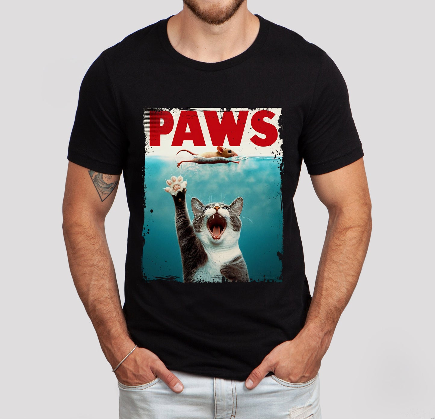 T-shirt drôle de chat avec pattes, t-shirt drôle d'amoureux des chats, t-shirt drôle de parodie du film Jaws, t-shirt cadeau d'amoureux des chats, t-shirt chaton et souris, t-shirt de chat parodique