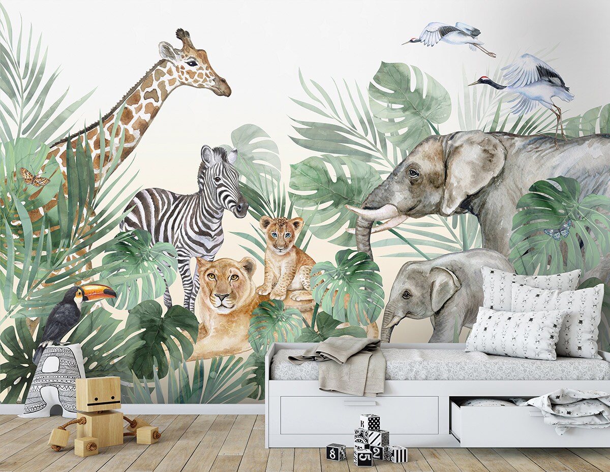 Papier peint aquarelle Safari pour enfants, peinture murale d'animaux de safari pour chambre d'enfants, peinture murale d'animaux de la jungle, papier peint à décoller et à coller, peinture murale en tissu