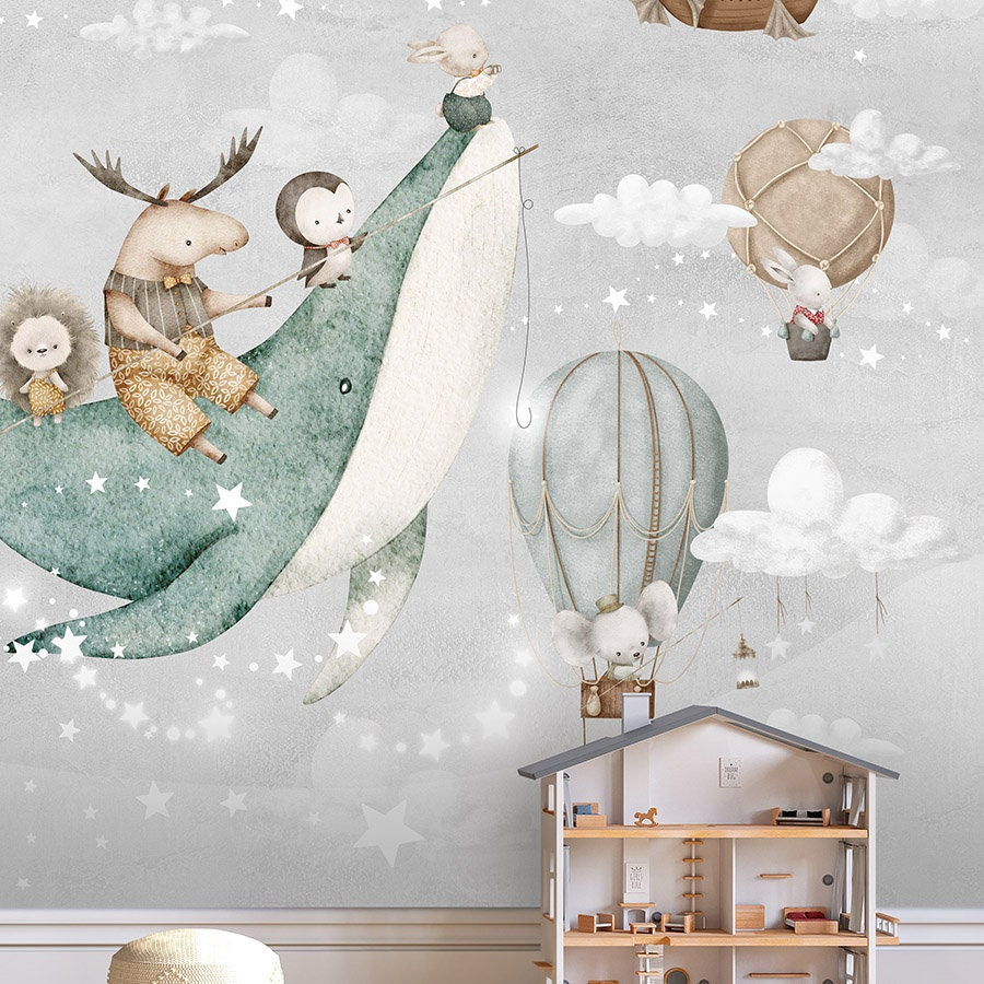 Watercolor Air Balloons Mural for Kids Room, Whale and Animals Wallpaper for Children, Moon and Stars Peel and Stick Wallpaper, Fabric Mural