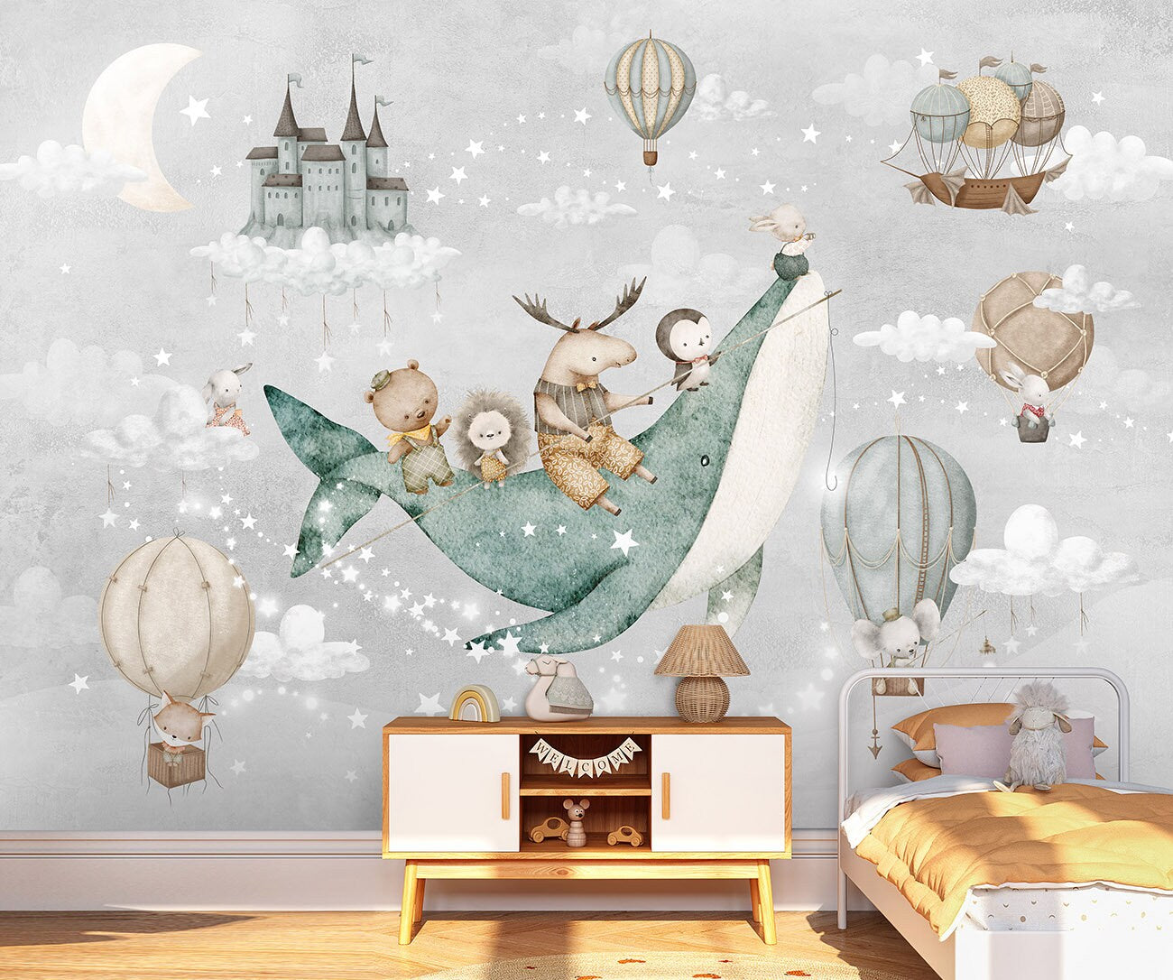 Watercolor Air Balloons Mural for Kids Room, Whale and Animals Wallpaper for Children, Moon and Stars Peel and Stick Wallpaper, Fabric Mural