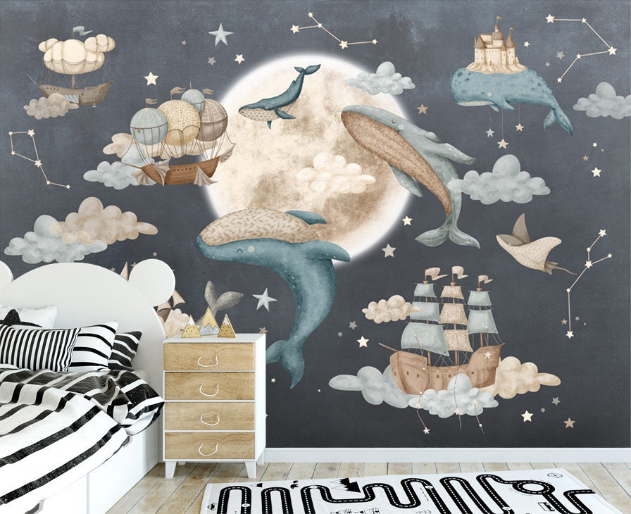 Whales Mural for Kids Room, Nautical Sailing Ships Wallpaper for Children, Moon and Stars Peel and Stick Wallpaper, Night Sky Fabric Mural