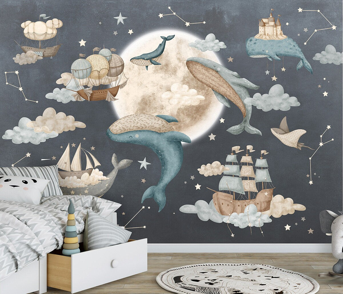 Whales Mural for Kids Room, Nautical Sailing Ships Wallpaper for Children, Moon and Stars Peel and Stick Wallpaper, Night Sky Fabric Mural