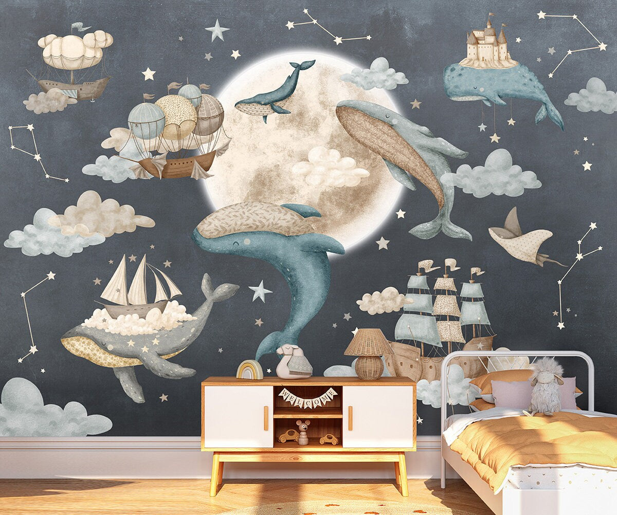 Whales Mural for Kids Room, Nautical Sailing Ships Wallpaper for Children, Moon and Stars Peel and Stick Wallpaper, Night Sky Fabric Mural