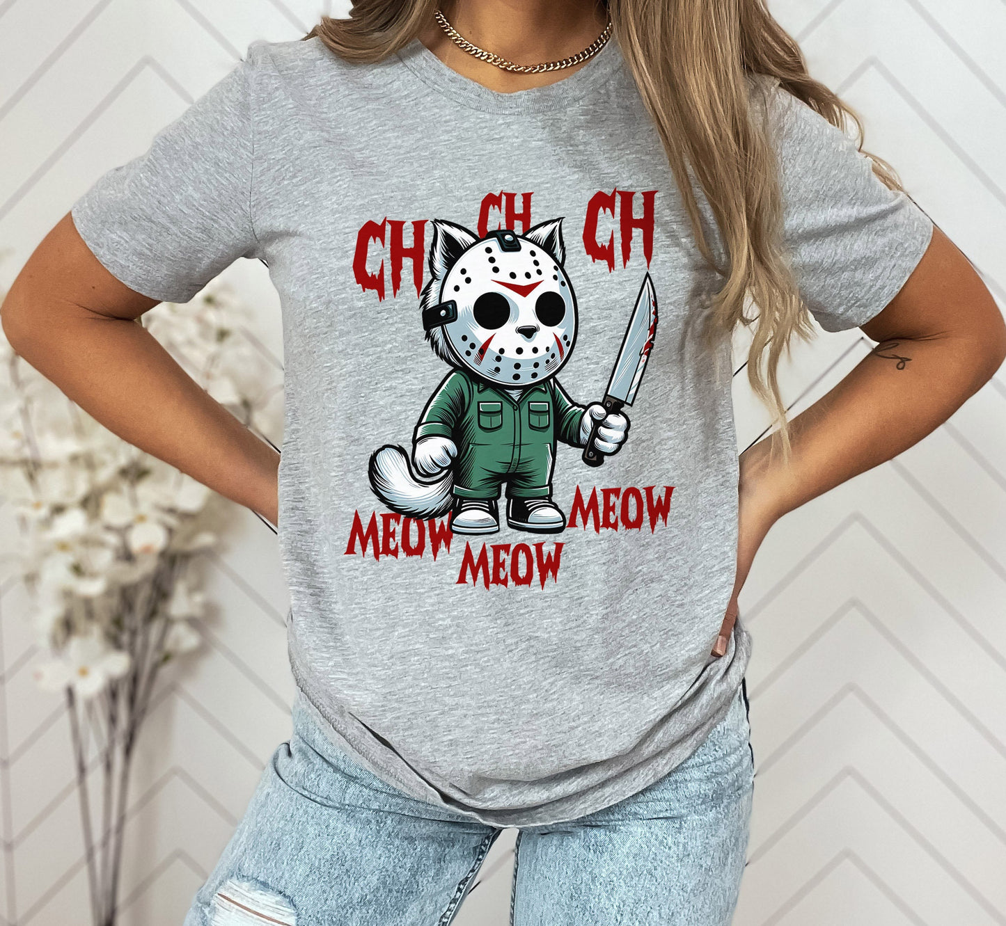 T-shirt chat effrayant, t-shirt drôle amoureux des chats, t-shirt parodique de film d'horreur, t-shirt cadeau amoureux des chats, t-shirt chat drôle, t-shirt chat parodique Halloween