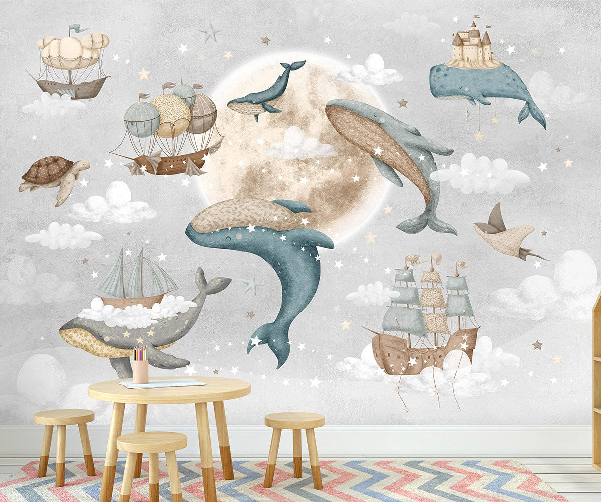 Whales Wallpaper for Kids Room, Sailing Ships with Whales Wallpaper, Moon Stars Night Peel and Stick Wallpaper, Nautical Fabric Mural