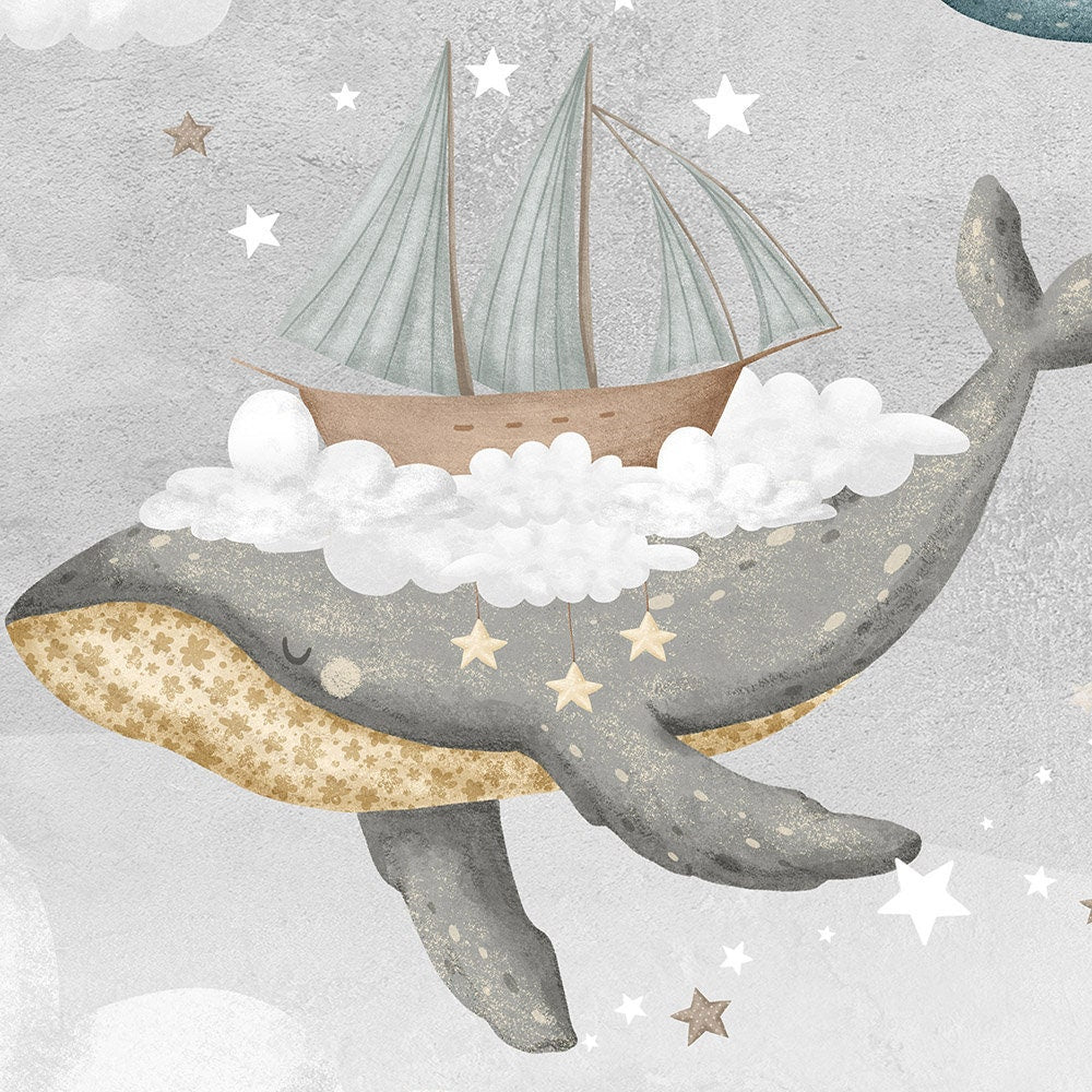 Whales Wallpaper for Kids Room, Sailing Ships with Whales Wallpaper, Moon Stars Night Peel and Stick Wallpaper, Nautical Fabric Mural