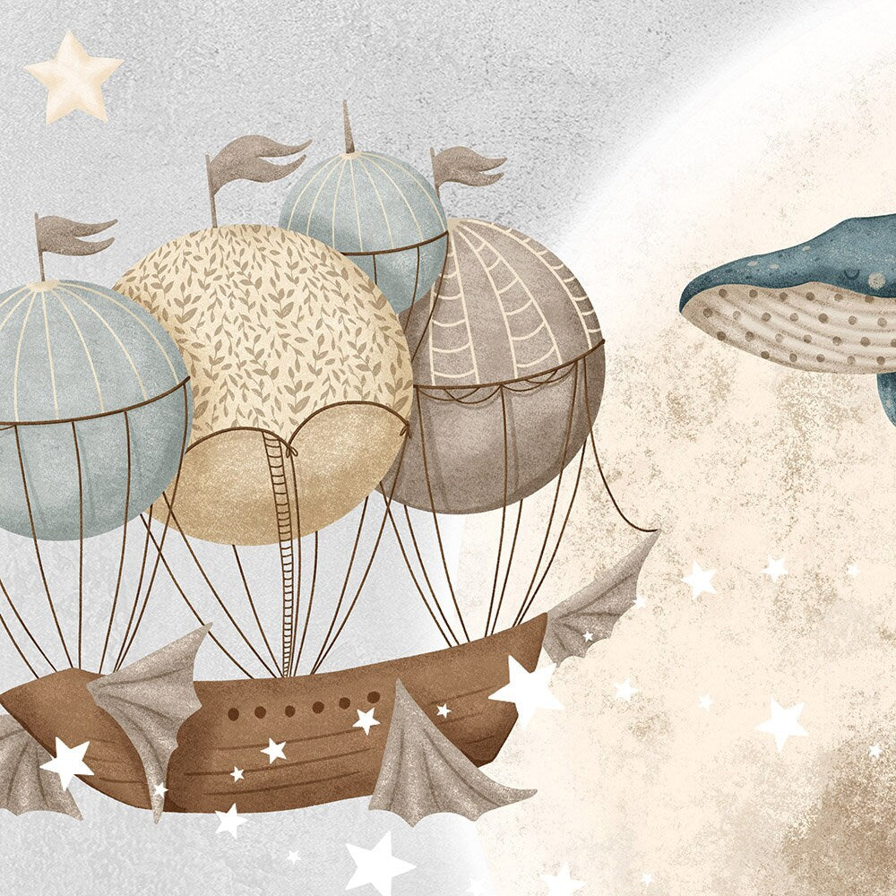 Whales Wallpaper for Kids Room, Sailing Ships with Whales Wallpaper, Moon Stars Night Peel and Stick Wallpaper, Nautical Fabric Mural