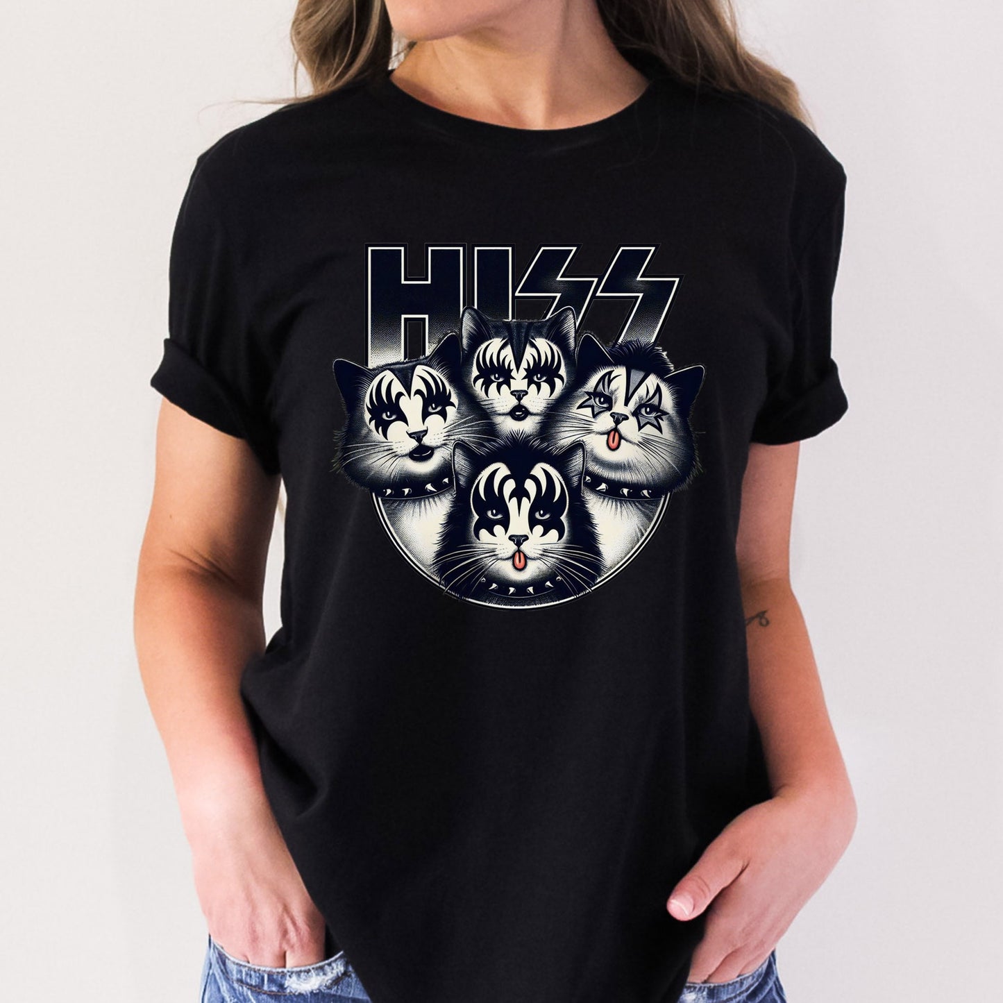 Hiss Rocker Kittens T-Shirt, Rocker Cats Shirt, Funny Kiss Parody T-Shirt, Humour Cat Tee Shirt, Cat Lovers Funny Gift T Shirt, Rockstar Cat